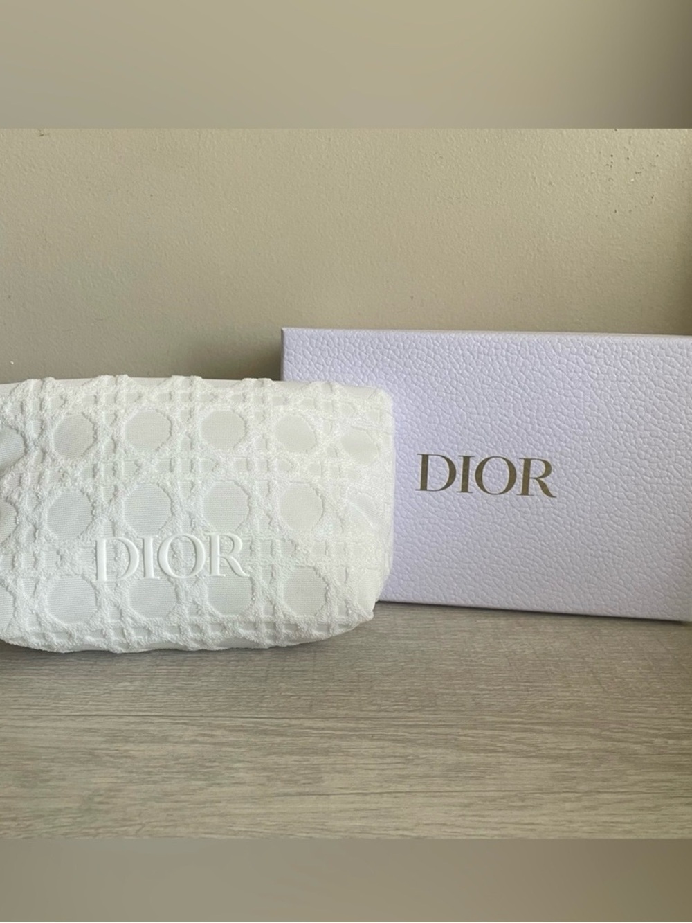 Dior White Textured Logo Cosmetic Pouch, this is a gwp Dior makeup bag empty